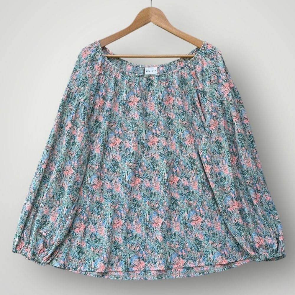 Ava & Viv Floral Peasant Blouse in Teal and Pink